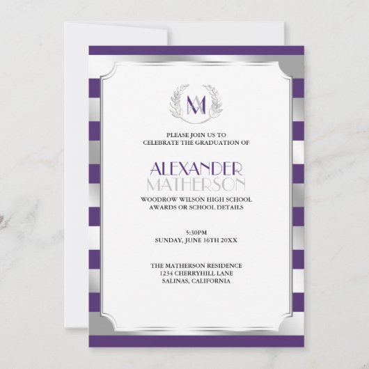 Laurel Monogrammed Paars en Silver Afstuderen Kaart (Voorkant)