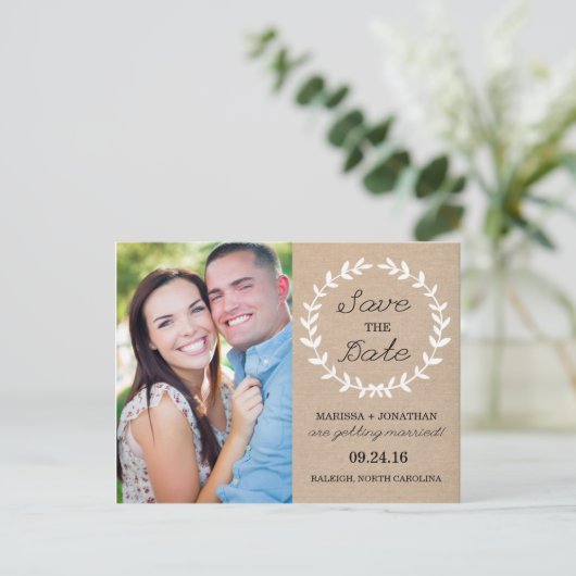 Laurel Save the Date Photo Carte postale / Burlap (Debout devant)