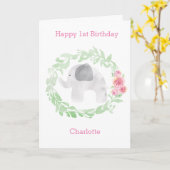 Laurel Waterverf Grijze Olifant 1e Verjaardag Kaart (Gele Bloem)