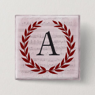 Laurel Wreatblad Music Monogram Initiaal A Vierkante Button 5,1 Cm