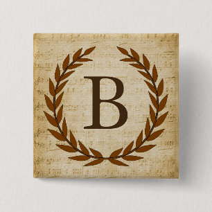 Laurel Wreatblad Music Monogram Initiaal B Vierkante Button 5,1 Cm