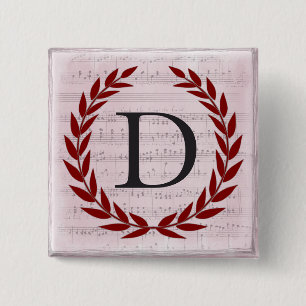 Laurel Wreatblad Music Monogram Initiaal D Vierkante Button 5,1 Cm
