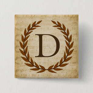 Laurel Wreatblad Music Monogram Initiaal D Vierkante Button 5,1 Cm