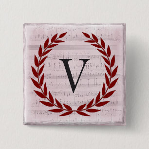 Laurel Wreatblad Music Monogram Initiaal V Vierkante Button 5,1 Cm