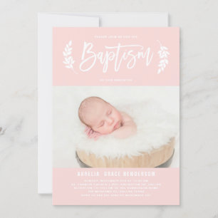Laurel Wreath Blush Pink Photo Baptisme Kaart