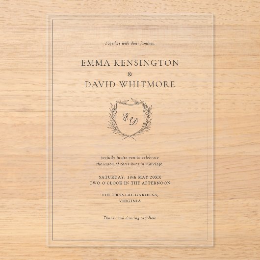 Laurel Wreath & Crest Minimalist Elegant Wedding Acryl Uitnodigingen (Voorkant)
