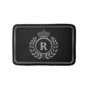 Laurel Wreath Crown Monogrammed Silver Black Royal Badmat