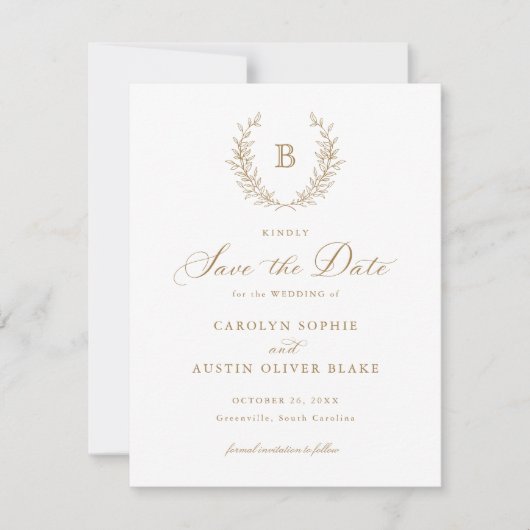 Laurel Wreath Monogram Crest Wedding Save the Date Kaart (Voorkant)