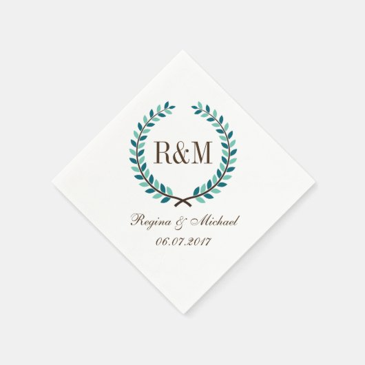 Laurel Wreath Monogram Wedding Napkin Blue White Servet (Hoek)
