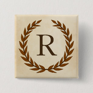 Laurel Wreath op Parchment Monogram Initiaal R Vierkante Button 5,1 Cm