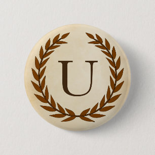 Laurel Wreath op Parchment Monogram Initiaal U Ronde Button 5,7 Cm
