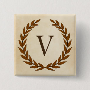 Laurel Wreath op Parchment Monogram Initiaal V Vierkante Button 5,1 Cm