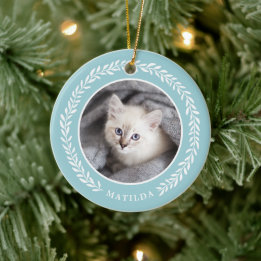 Laurel Wreath Pet Foto met Kerstmis | Blauw Keramisch Ornament