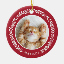 Laurel Wreath Pet Foto met Kerstmis | Rood Keramisch Ornament