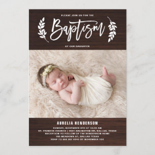 Laurel Wreath Rustic Wood Foto Baptisme Invitation Kaart