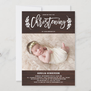 Laurel Wreath Rustic Wood Foto Christening Kaart
