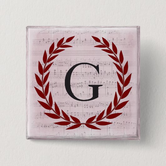Laurel Wreath Sheet Music Monogram Initiaal G Vierkante Button 5,1 Cm (Voorkant)