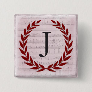 Laurel Wreath Sheet Music Monogram Initiaal J Vierkante Button 5,1 Cm