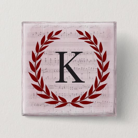 Laurel Wreath Sheet Music Monogram Initiaal K Vierkante Button 5,1 Cm (Voorkant)