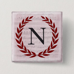 Laurel Wreath Sheet Music Monogram Initiaal N Vierkante Button 5,1 Cm
