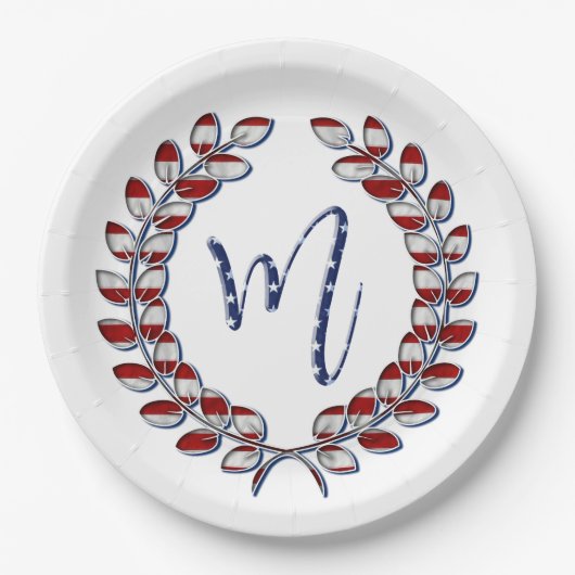 Laurel Wreath Stars en Stripes Monogram M Papieren Bordje (Voorkant)