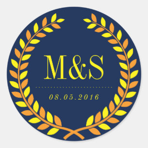 Laurel Wreath Wedding Sticker Navy Blue en Yellow
