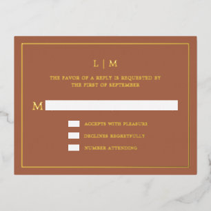 Lauren Terracotta Monogram Elegante bruiloft Folie Uitnodiging Briefkaart