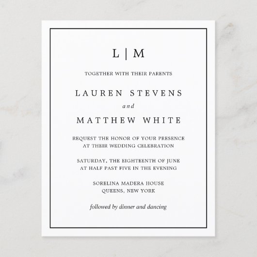 Lauren Zwart en Wit Budget Bruiloft Uitnodiging Flyer (Voorkant)