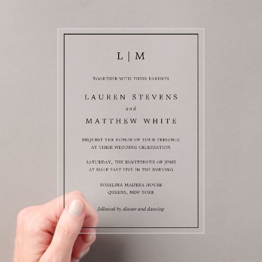 Lauren Zwart-wit Monogram Elegante bruiloft Acryl Uitnodigingen (Insitu (Draagbaar))