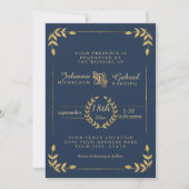 Laurierblad Typografie Navy Goud Moderne Trouw Kaart (Voorkant)