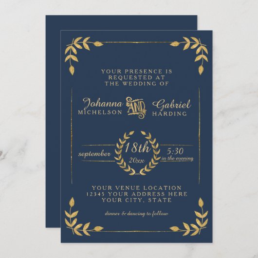 Laurierblad Typografie Navy Goud Moderne Trouw Kaart (Voorkant / Achterkant)