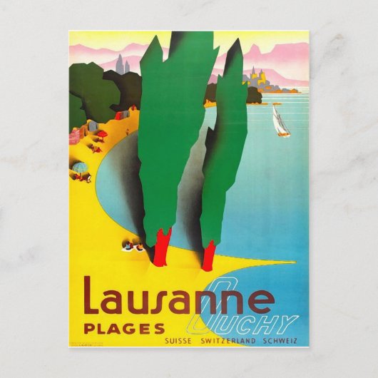 Lausanne, het strand van Genève in het meer, Zwits Briefkaart (Voorkant)
