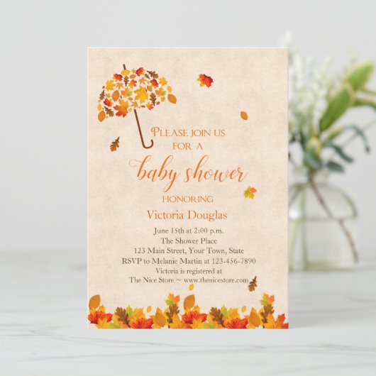 L'automne quitte Umbrella Baby shower Invitation (Debout devant)
