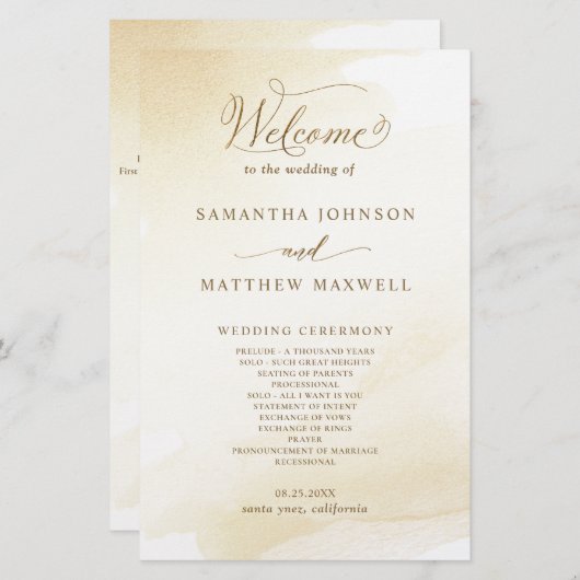 Lavage Jaune Doré, Programme de Mariage Calligraph (Devant / Derrière)