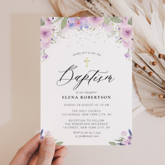 lavande aquarelle florale baptême invitation