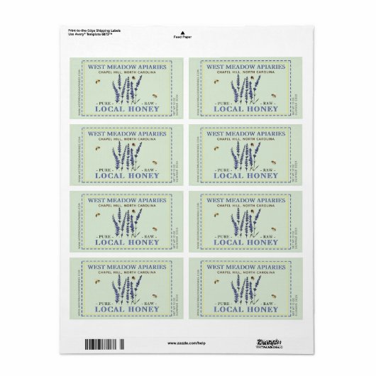 Lavande et abeilles Miel Étiquette Dashed (Feuille entière)