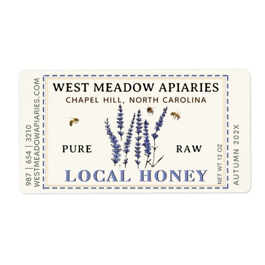Lavande et abeilles Miel Étiquette Dashed (Devant)