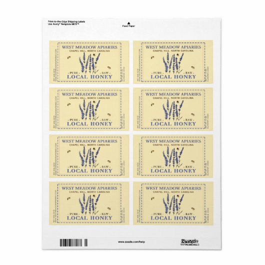 Lavande et abeilles Miel Étiquette Dashed (Feuille entière)