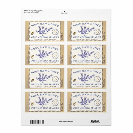 Lavande et abeilles Miel Étiquette Dashed (Feuille entière)