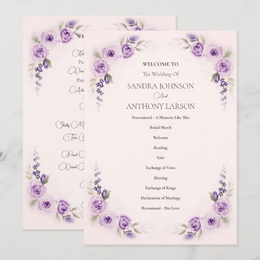 Lavande et Blush Rose Wedding Programme (Devant / Derrière)