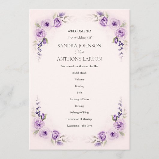 Lavande et Blush Rose Wedding Programme (Devant)