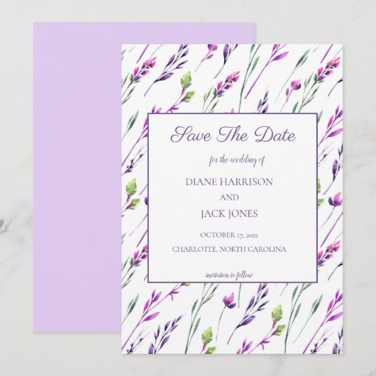 Lavande et Vert Aquarelle Faire-Part de Mariage "É (Devant / Derrière)