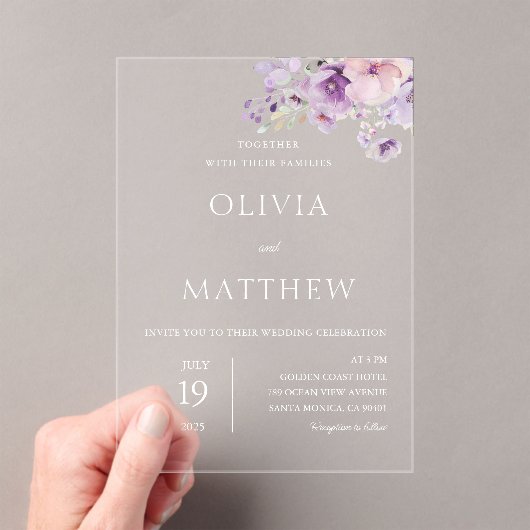 Lavande Purple Floral Mariage Acrylique Invitation (In situ (ordinateur de poche))
