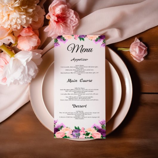 Lavande Purple Peach Rose Floral Menu Mariage