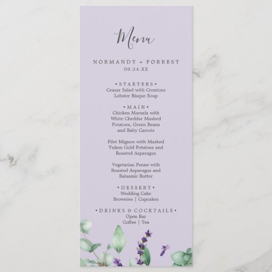 Lavande rustique | Menu Mariage violet clair (Devant)