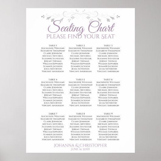 Lavande sur blanc Tableau Mariage de 9 tables (Devant)