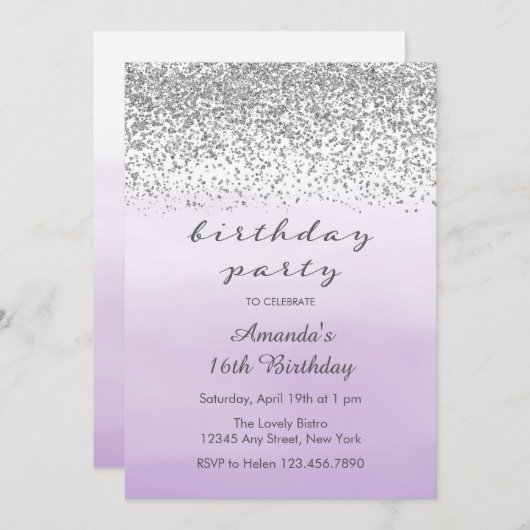 Lavande violet et argent Invitation d'anniversaire (Devant / Derrière)