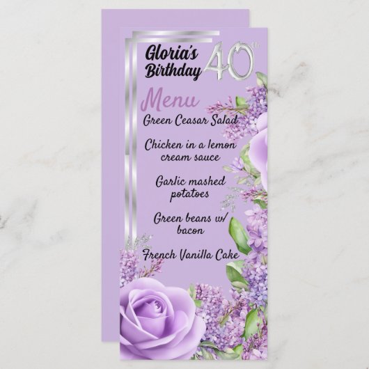 Lavande violet jalon 40e anniversaire menu (Devant / Derrière)