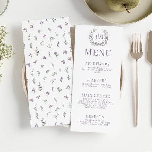 Lavande violette élégant floral rustique menu mari