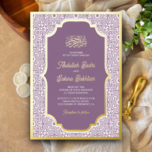 Lavendel Arabesque Patroon Moslim Bruiloft Goud Folie Uitnodiging